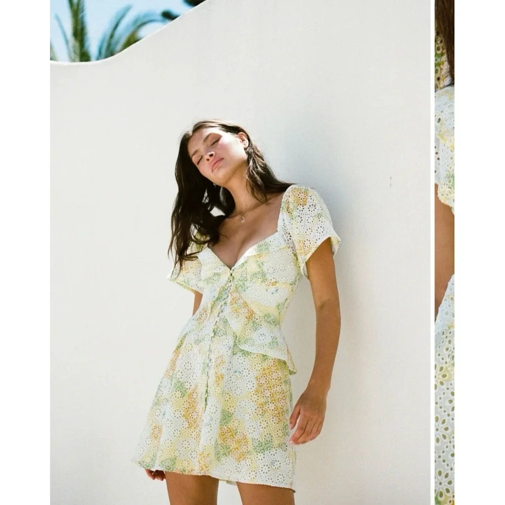 NWT Sabo Skirt Floral Eyelet Mini Dress Lined Yellow Green Cotton Peplum 8 - Picture 2 of 7